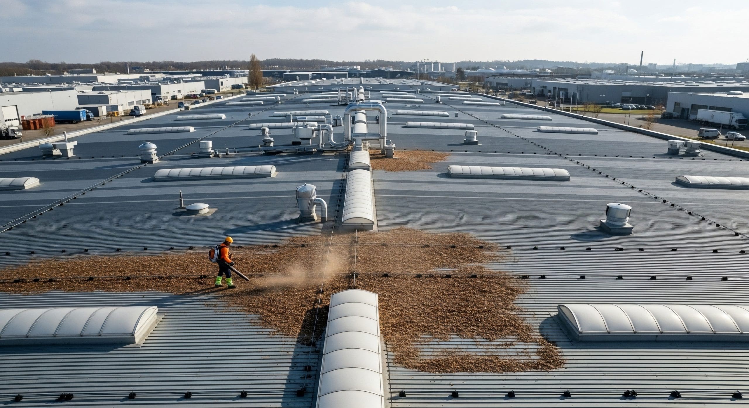 A worker in a hard hat and safety vest uses a leaf blower to clear a large pile of leaves and debris from a vast, corrugated metal industrial roof.